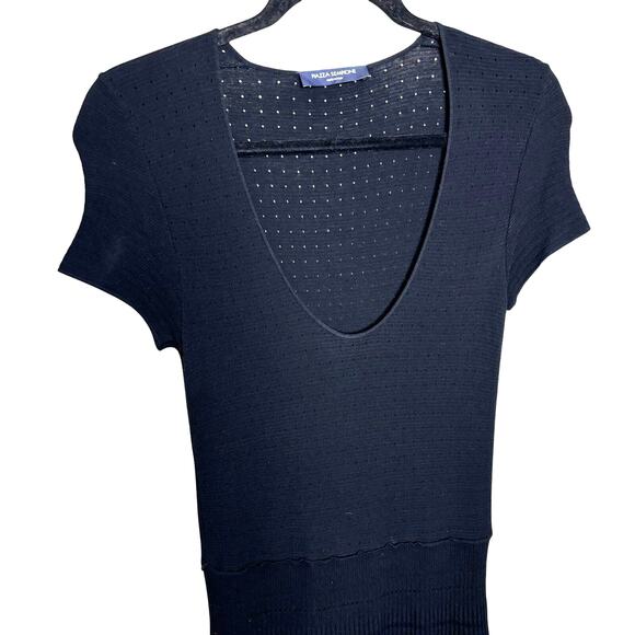 Piazza Sempione Black Short Sleeve Perforated Pleated Flare A Line Dress 42 US 6 - Picture 2 of 11